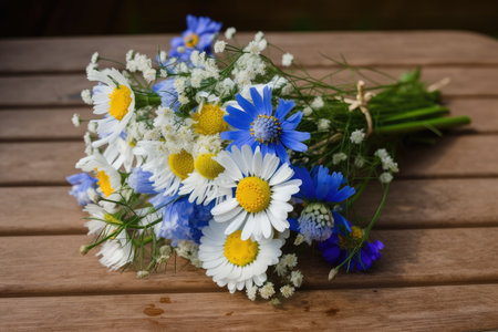 cornflowers and chamomiles bouquet, ready to be given as a gift, created with generative aiの素材