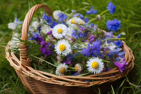 basket of cornflowers and chamomiles, ready to be picked, created with generative aiの素材