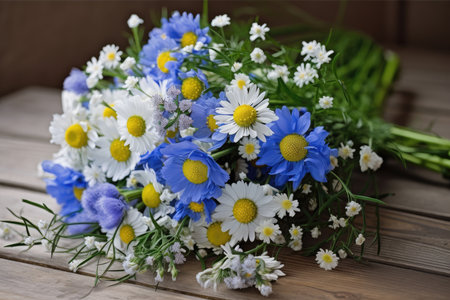 bouquet of fresh and fragrant cornflowers & chamomiles, created with generative aiの素材