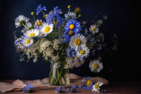 bouquet of cornflowers and chamomiles in a vase, created with generative aiの素材