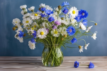 bouquet of cornflowers and chamomiles in a vase, created with generative aiの素材