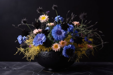 floral arrangement made of cornflowers and chamomiles, with black vase, created with generative aiの素材