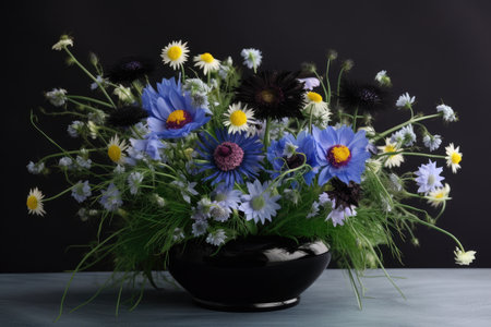 floral arrangement made of cornflowers and chamomiles, with black vase, created with generative aiの素材