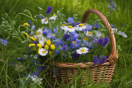 basket of cornflowers and chamomiles surrounded by greenery, created with generative aiの素材