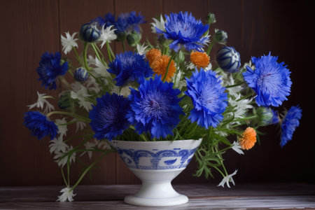 cornflower arrangement in a vintage vase, created with generative aiの素材