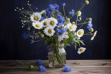 bouquet of cornflowers and chamomiles in glass vase, created with generative aiの素材