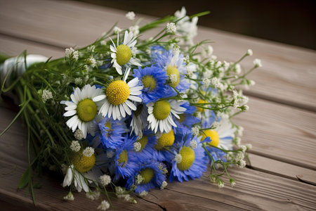 cornflower and chamomile bouquet, ready for wedding or celebration, created with generative aiの素材