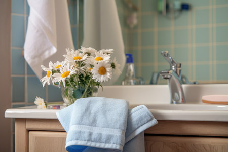bathroom with towel rack, towels, and cornflowers & chamomiles in vase, created with generative aiの素材