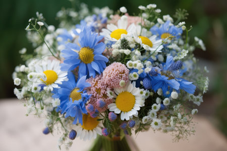 cornflower bouquet with chamomile blooms and floral accents, created with generative aiの素材