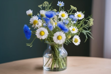 cornflower and chamomile bouquet in vase, created with generative aiの素材