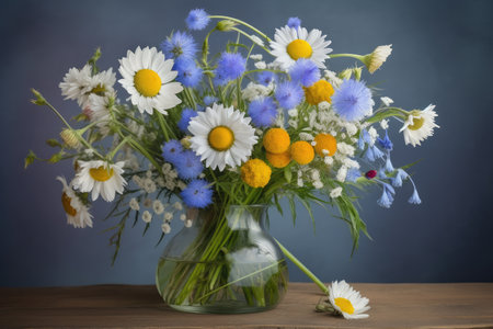 cornflower and chamomile bouquet in vase, created with generative aiの素材