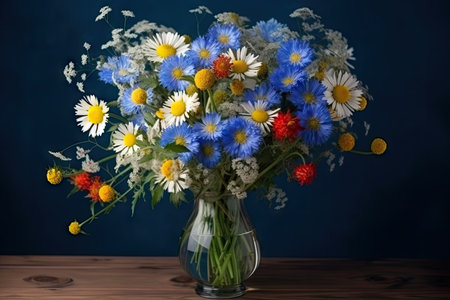 cornflower and chamomile bouquet in vase, created with generative aiの素材