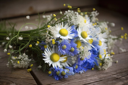 cornflower bouquet with chamomile blooms, created with generative aiの素材
