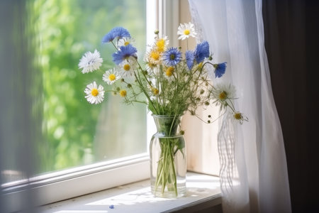 cornflowers and chamomiles in a vase on a windowsill, created with generative aiの素材