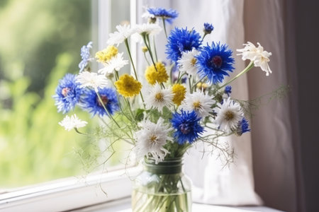 cornflowers and chamomiles in a vase on a windowsill, created with generative aiの素材
