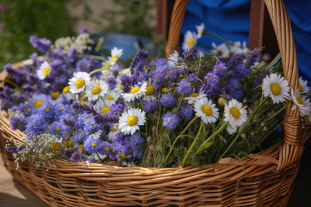 basket filled with fresh bunches of cornflowers and chamomiles, created with generative aiの素材