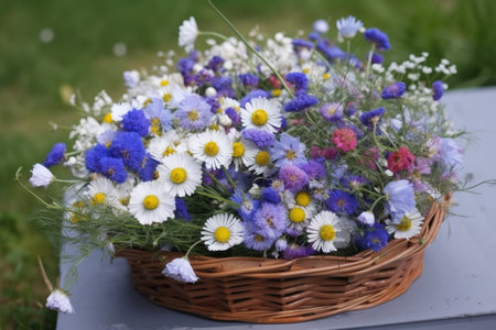 basket filled with fresh bunches of cornflowers and chamomiles, created with generative aiの素材