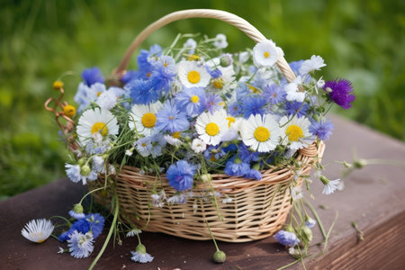 basket filled with fresh bunches of cornflowers and chamomiles, created with generative aiの素材