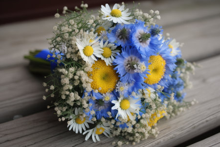 cornflower bouquet with chamomile accent, created with generative aiの素材