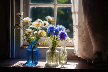 cornflowers and chamomiles in a window sill, with the sun shining through, created with generative aiの素材
