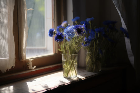 cornflowers and chamomiles in a window sill, with the sun shining through, created with generative aiの素材
