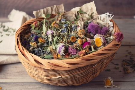 basket filled with dried flowers and herbs for tea or cooking, created with generative aiの素材