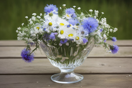 cornflower and chamomile bouquet in crystal vase, created with generative aiの素材