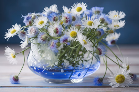 cornflower and chamomile bouquet in crystal vase, created with generative aiの素材