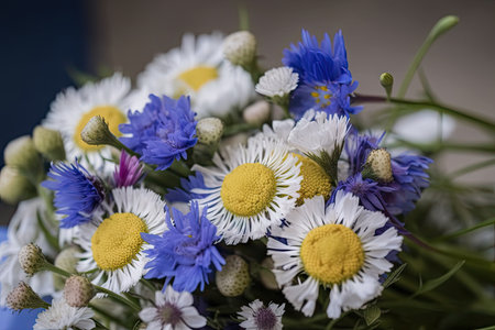 close-up of cornflower and chamomile bouquet, ready for a special gift, created with generative aiの素材