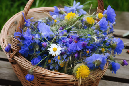 basket of freshly picked cornflowers and chamomiles, created with generative aiの素材