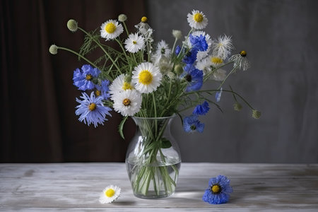 cornflowers and chamomiles in glass vase on wooden table, created with generative aiの素材