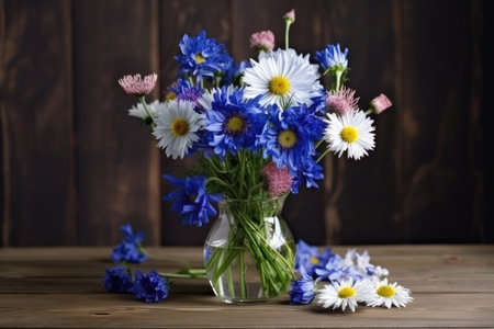 cornflowers and chamomiles in glass vase on wooden table, created with generative aiの素材