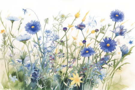 whimsical watercolor illustration of cornflowers and chamomiles growing in a garden, created with generative aiの素材