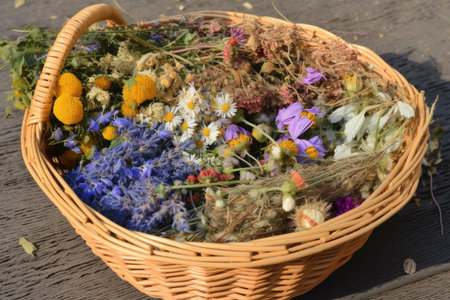 basket full of dried herbs and flowers, including cornflowers and chamomiles, created with generative aiの素材