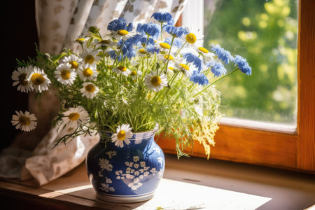 pot of chamomile and cornflowers in a sunny windowsill, created with generative aiの素材