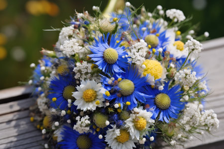 cornflower bouquet, with chamomile accents, created with generative aiの素材