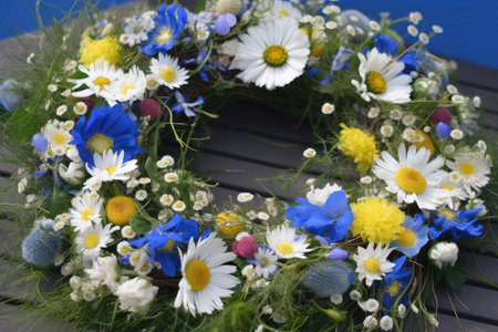 wreath of cornflowers, chamomiles, and other flowers, created with generative aiの素材