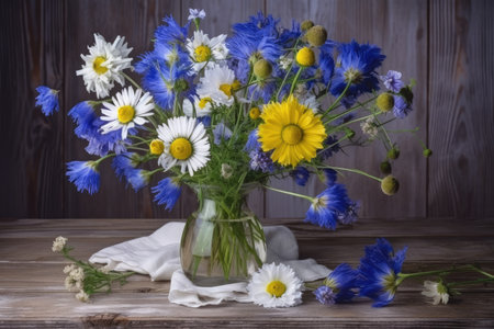 cornflowers and chamomiles in a vase on a wooden table, created with generative aiの素材