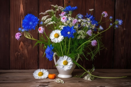 cornflowers and chamomiles in a vase on a wooden table, created with generative aiの素材