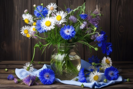 cornflowers and chamomiles in a vase on a wooden table, created with generative aiの素材
