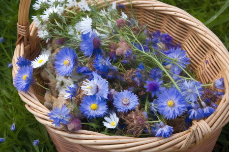 a basket of freshly picked cornflowers and chamomiles, created with generative aiの素材