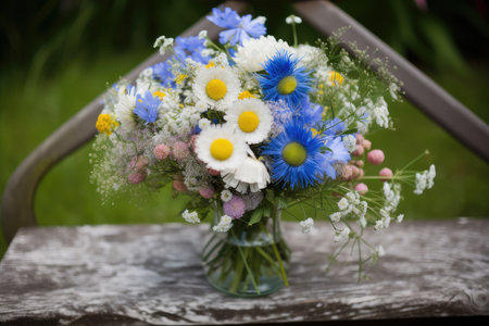 cornflower and chamomile bouquet, perfect for a summer wedding, created with generative aiの素材