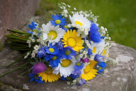 cornflower and chamomile bouquet, perfect for a summer wedding, created with generative aiの素材