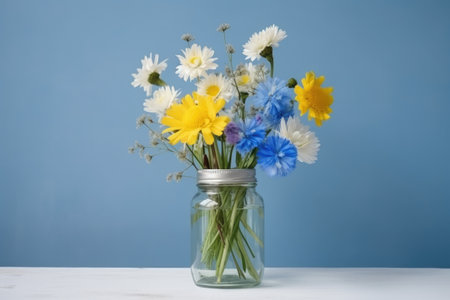 cornflowers and chamomiles in mason jar with handwritten label, created with generative aiの素材
