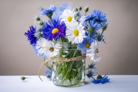cornflowers and chamomiles in mason jar with handwritten label, created with generative aiの素材