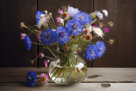cornflowers and chamomiles in a glass vase on a wooden table, created with generative aiの素材