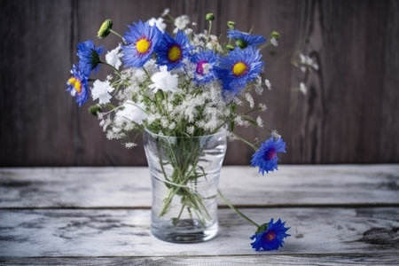 cornflowers and chamomiles in a glass vase on a wooden table, created with generative aiの素材