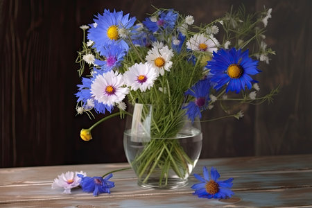cornflowers and chamomiles in a glass vase on a wooden table, created with generative aiの素材