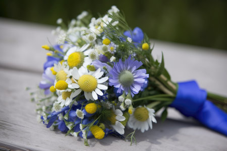 cornflower and chamomile bouquet with a ribbon wrap, created with generative aiの素材