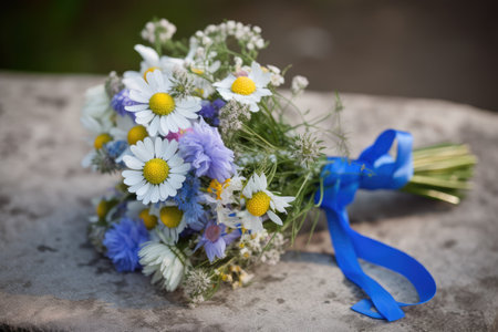 cornflower and chamomile bouquet with a ribbon wrap, created with generative aiの素材